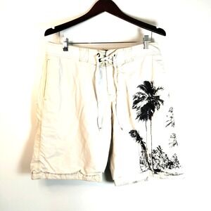 Old Navy Men M Beige Palm‎ Tree Mesh Lined Flat Front Board Swim Surf Shorts Y2K